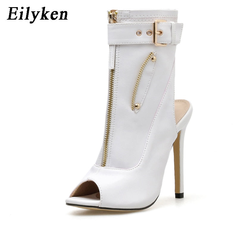 Eilyken 2022 Summer New Womens Ankle Boots Sandals High Quality PU Leather Buckle Strap Zip Stiletto Heels Plus Size 35-40 Shoes