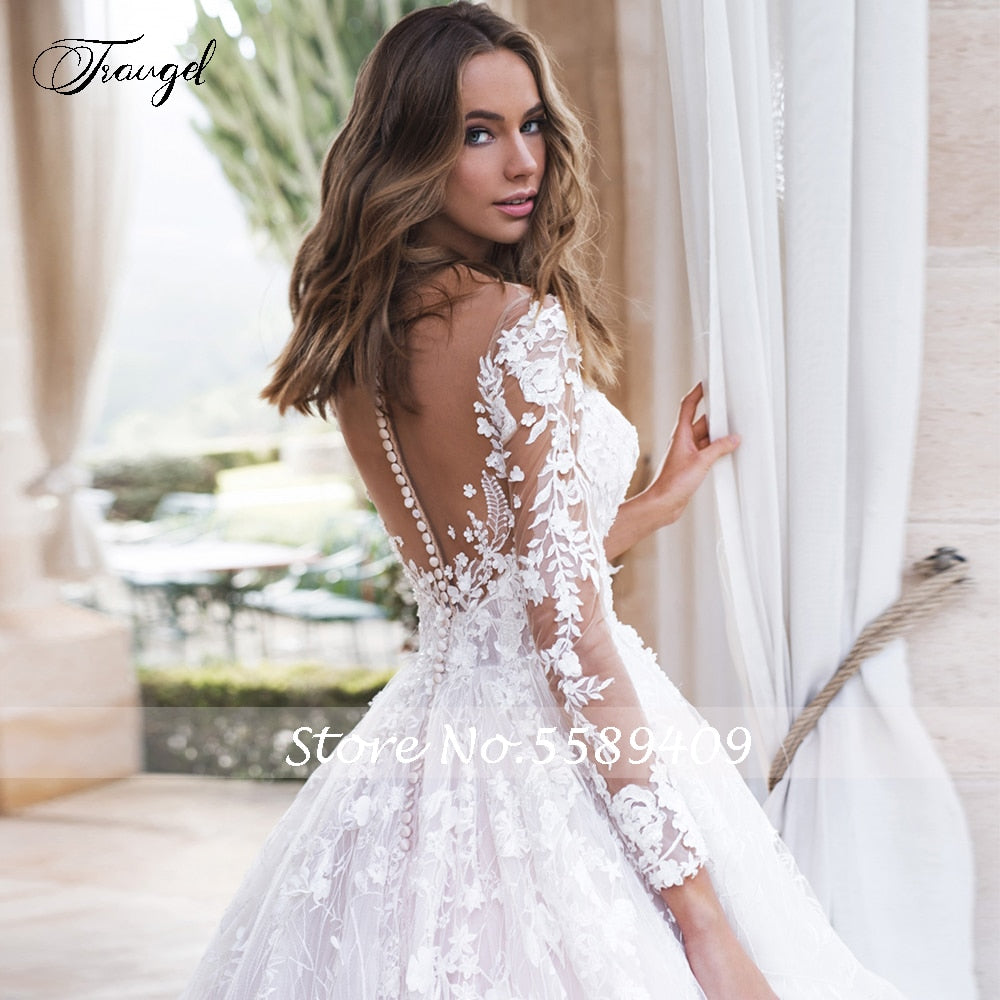 Traugel Scoop A Line Lace Wedding Dresses Elegant Applique Long Sleeve Button Bride Dress Cathedral Train Bridal Gown Plus Size