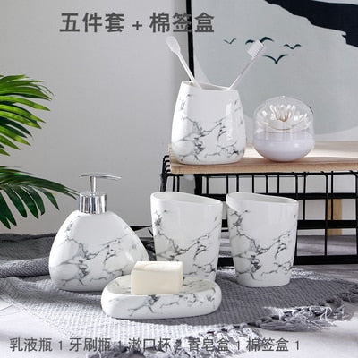 Wedding Gift Nordic Marble Texture Ceramic Bathroom Accessories Set/Soap Dispenser/Toothbrush Holder/Melamine Tray