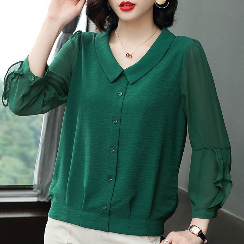 Women Spring Summer Style Chiffon Blouses Shirts Lady Casual Long Sleeve Peter Pan Collar Blusas Tops DF4033