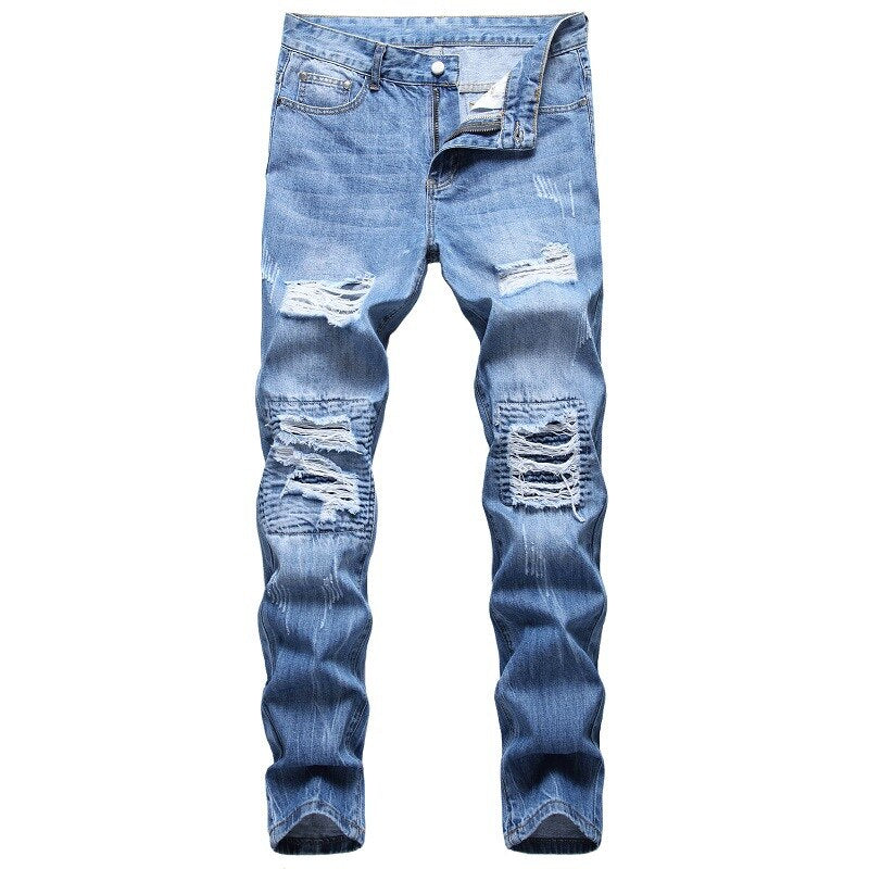 2021 Autumn Spring Men's Ripped Street HIP HOP Punk Stretch Bike Jeans Trendy Holes Straight Denim Trouers