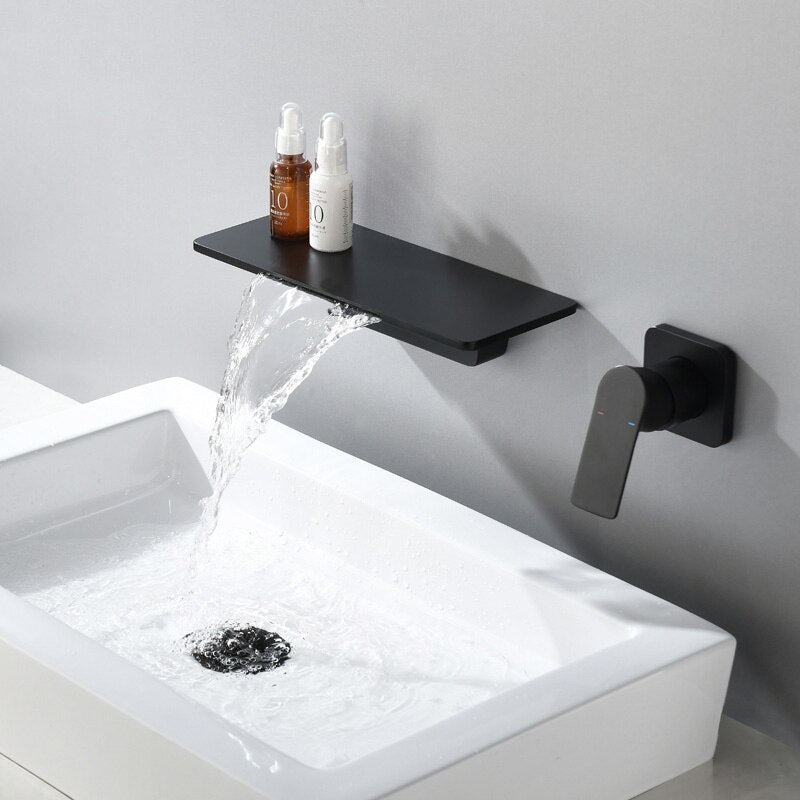 Wall Mounted Basin Faucet Matt Black Brass Bathroom Waterfall Mixer Water Tap Bathroom Cold And Hot Water Taps