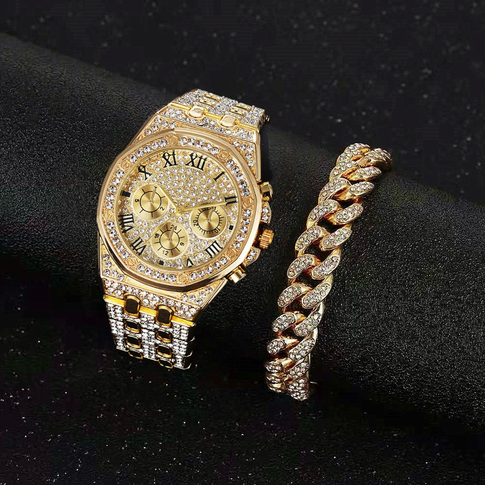 Luxury Iced Out Watch for Men Women Hip Hop Miami Bling CZ Cuban Chain Big Gold Chain Necklace Paved Rhinestones Men Jewelry Set