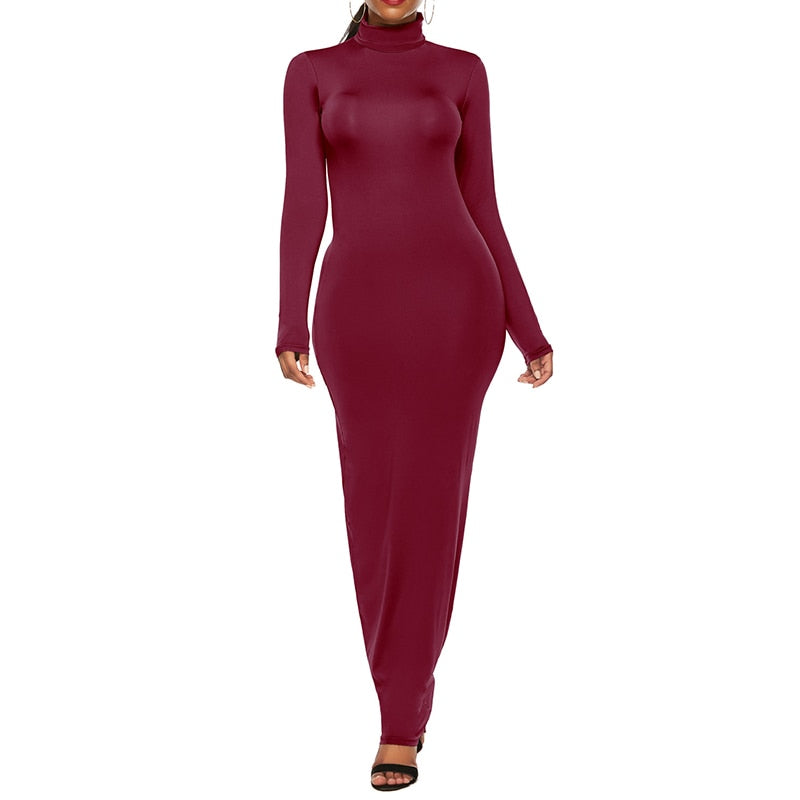 Turtleneck Long Dress Autumn Winter Muslim Elegant Office Lady Skinny Long Sleeve Bodycon Casual Dress Women Midi Clubwear