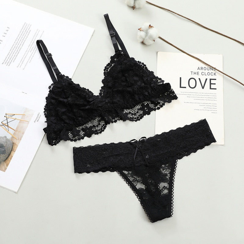 Women Lace Bra Briefs Set Sexy Wire Free Lingerie Hollow Out G-String Bra Set Female Transparent Seamless Intimate Underwear Set