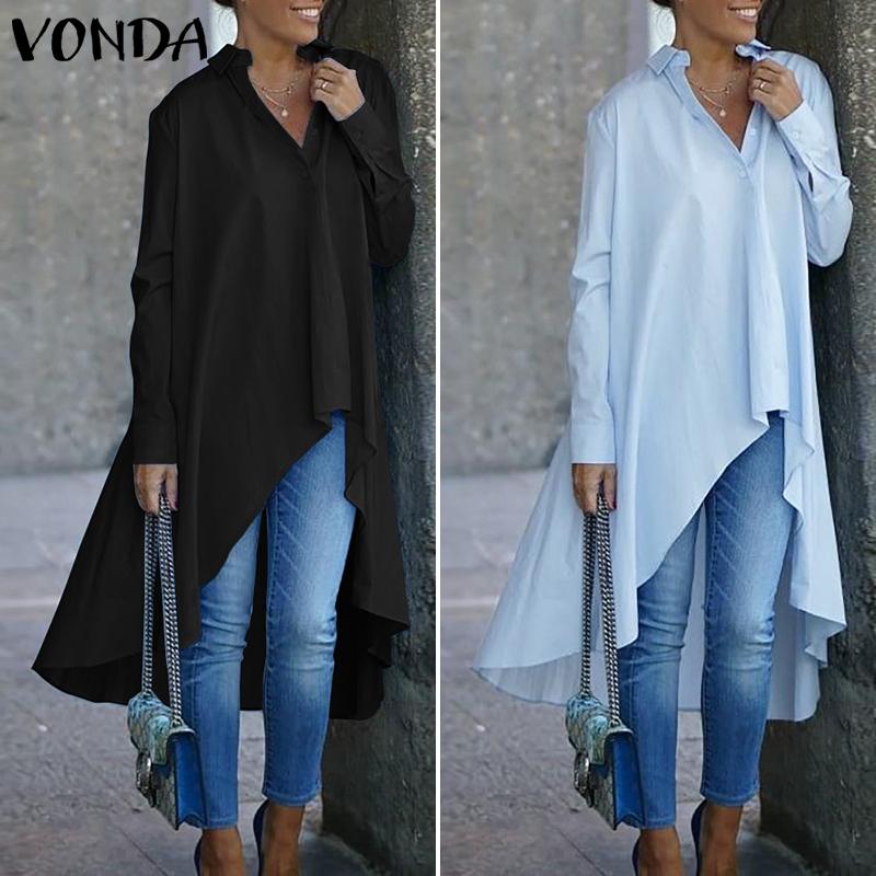 Asymmetric Blouse Women Casual Irregular Hem Blouse Party Shirts VONDA 2021 Autumn Long Sleeve Bohemian Tops Plus Size Blusas