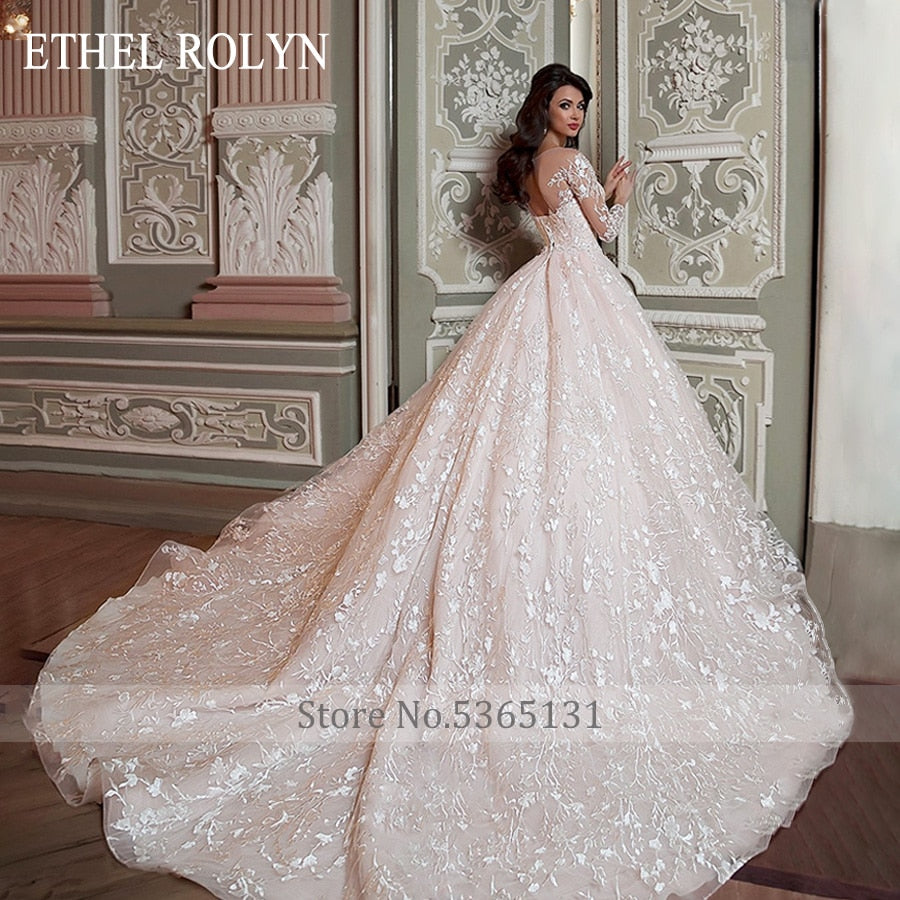 ETHEL ROLYN A-Line Wedding Dress 2021 Long Sleeve Bridal Appliques Lace Up Beaded Sashes Princess Bride Dresses Vestido De Noiva