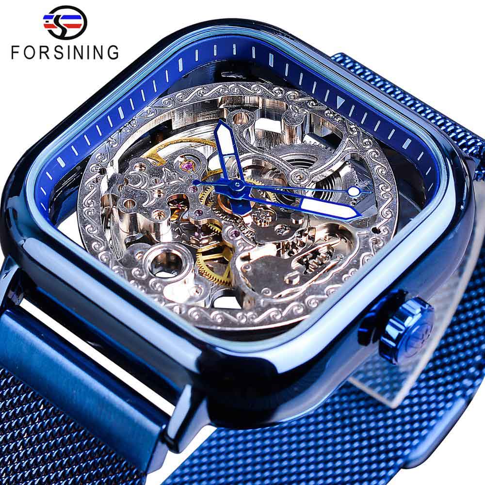 Forsining Golden Men Automatic Watch Square Skeleton Mesh Steel Band Mechanical Business Clock Relogio Masculino Erkek Kol Saati