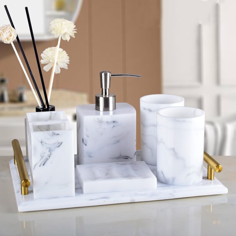 Luxury Resin Bathroom Accessories Set Tray 5pcs Set Nordic White Marble Texture Resin Bathroom Kit Soap Dispenser Storage Tray