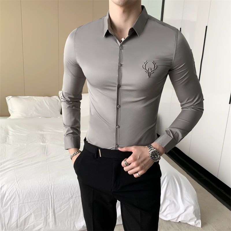 Solid Simple Mens Casual Shirt Slim Fit Business Formal Wear Deer Head Embroidery Shirt Men Brand New 2020 Long Sleeve Men Shirt