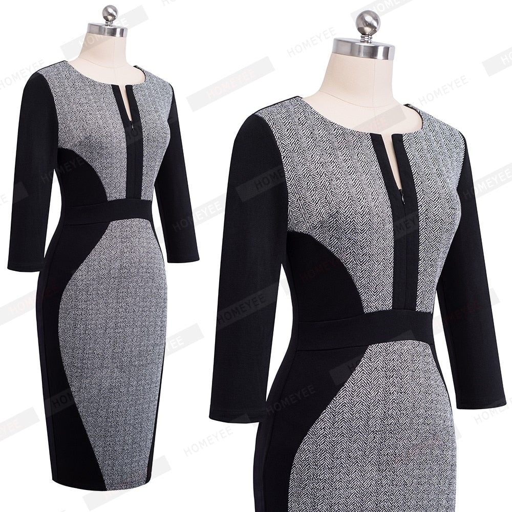 Women Casual Patchwork Front Zipper Three Quarter Vintage Autumn Work Business Bodycon Sheath Office Lady Dress