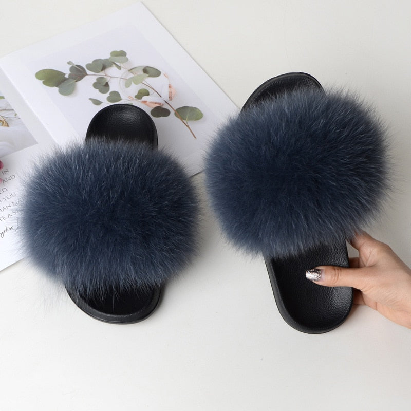 Women Summer Furry Fur Slippers Flat Non-slip Solid Real Fox Fur Slides Fluffy Slippers Ladies Shoes Woman Home Slipper