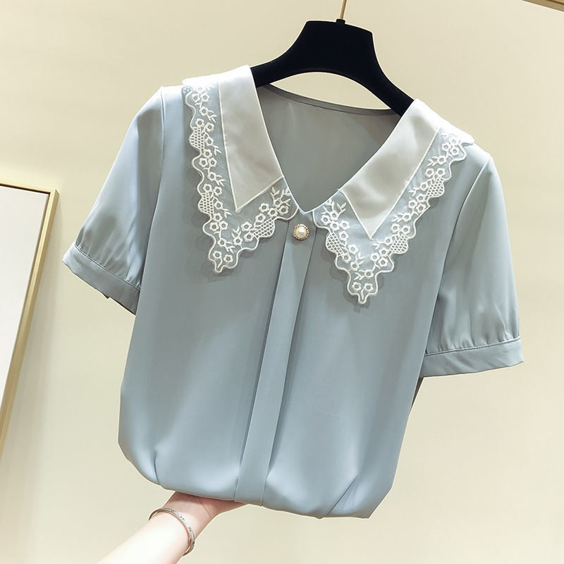 Women Spring Summer Style Chiffon Blouses Shirts Lady Casual Short Sleeve Peter Pan Collar Chiffon Blusas Tops ZZ0792