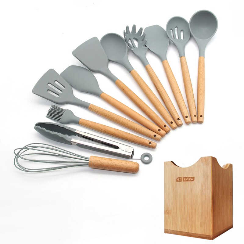 Silicone Cooking Utensils 11/12/13Pcs Kitchen Utensil Set Non-stick Spatula Wooden Handle with Storage Box Kitchen Appliances