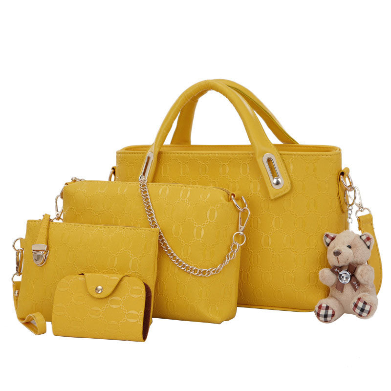 4Pcs/Set Elegant Ladies Bear Pendant Handbag Shoulder Bag Girls Fashionable PU Leather Casual Messenger Tote Bag