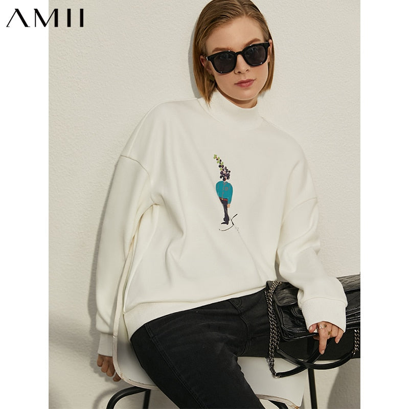 Amii Minimalism Winter Thick Hoodies For Women Fashion Stand Collar Printed Causal Female Pullover Women's Tops 12030638