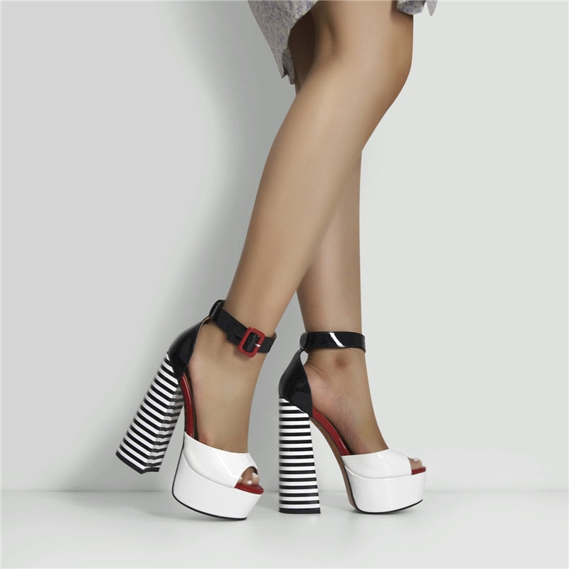 Onlymaker Women&#39;s Platform Peep Toe Chunky Square Heels Ankle Strap Sandals Black And White Stripes Party Fashion Shoes