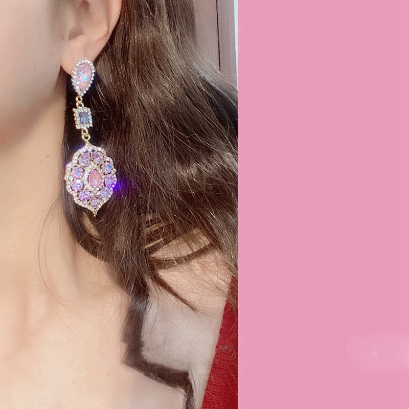 MENGJIQIAO New Vintage Elegant Waterdrop Crystal Oval Flower Dangle Earrings For Women Girls Luxury Rhinestone Jewelry Brinco