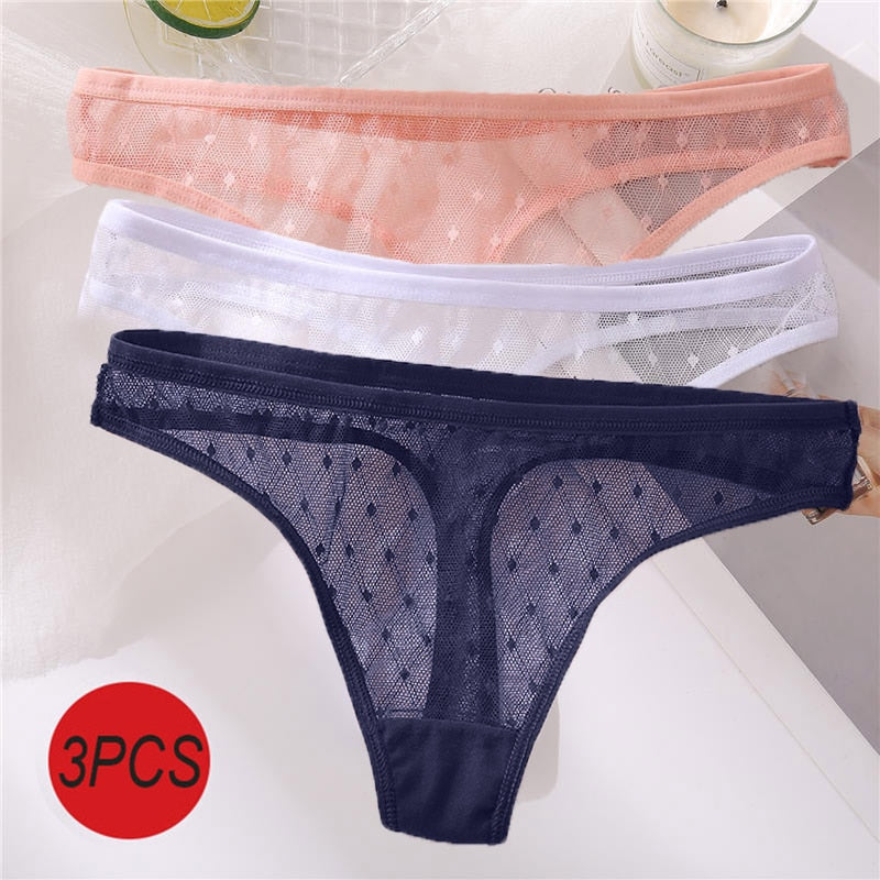 3PCS/Set Sexy Panties Women G-String Thong Lace Underwear Pantys Low-Waist Female Underpants Mesh Perspective Briefs Lingerie