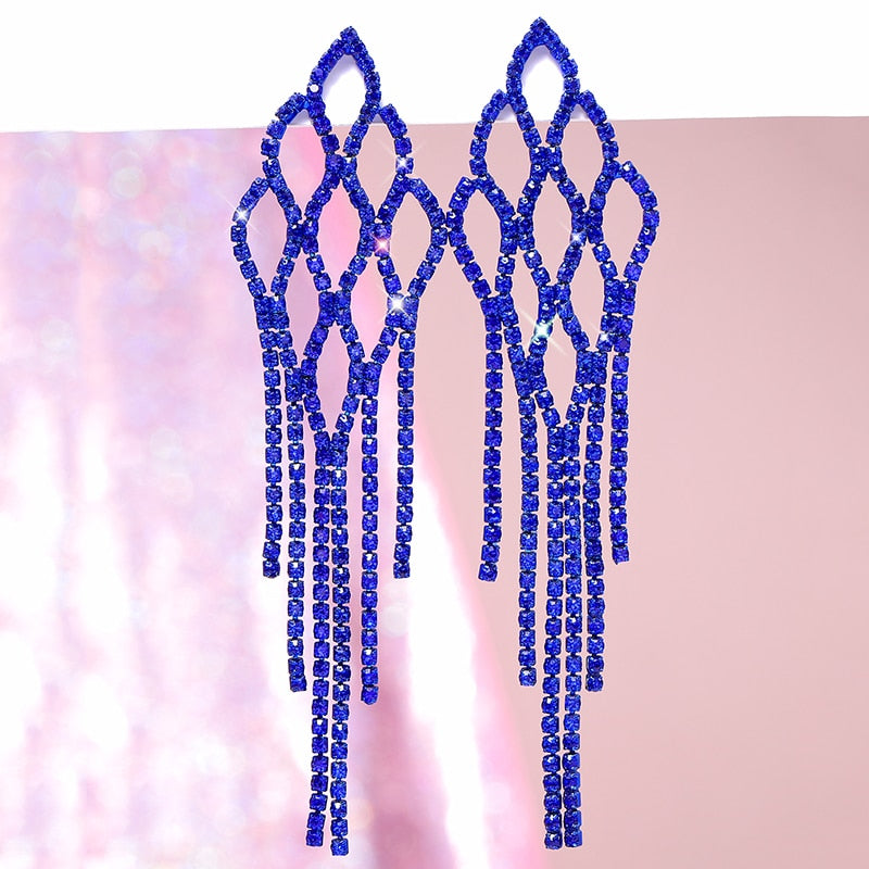 2022 New Trendy Crystal Long Tassel Earrings Blue Rhinestone Waterdrop Dangle Drop Earrings Eardrop For Women Jewelry Gift