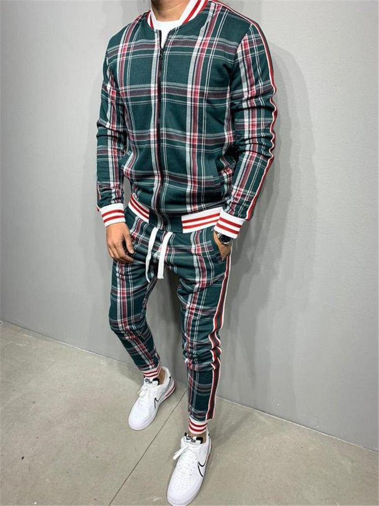 2021 New gyms Men's Sets 2 Pieces Sets Tracksuit Men's Jackets+Pants suit Sportwear Gentlemen Plaid Mens Sports Suit men Clothes