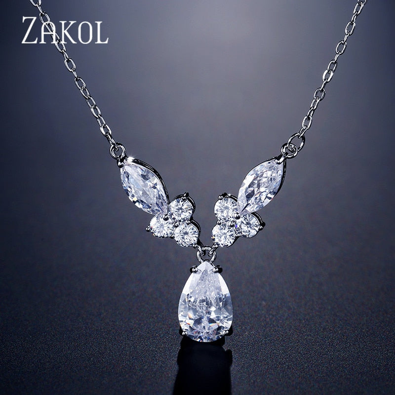 ZAKOL Brand Design Unique Water Drop Zirconia Crystal Pendant Necklaces for Elegant Women Fashion Bridal Jewelry FSNP2110