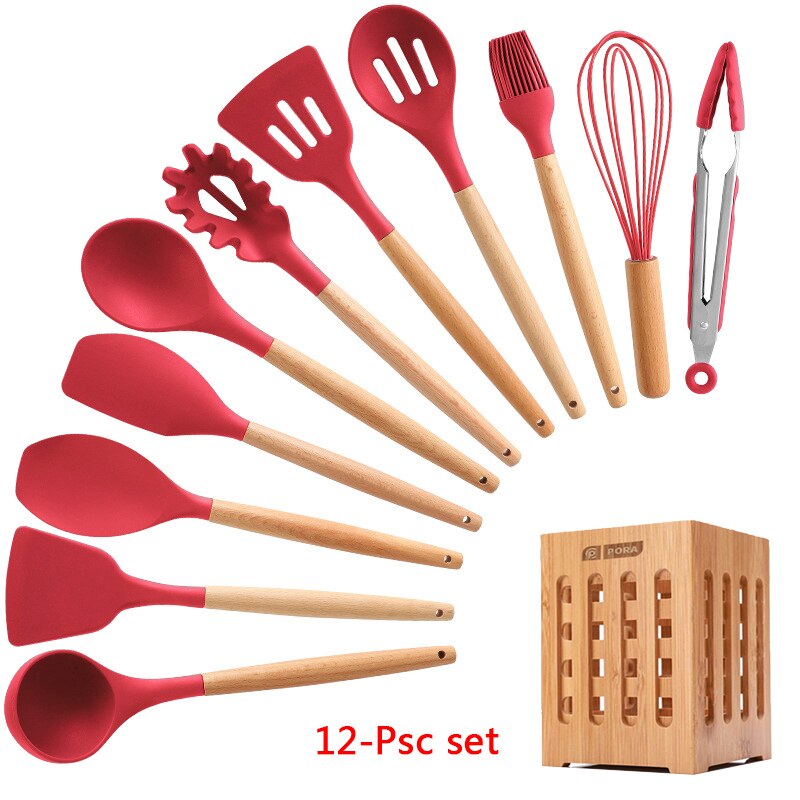 Silicone Cooking Utensils 11/12/13Pcs Kitchen Utensil Set Non-stick Spatula Wooden Handle with Storage Box Kitchen Appliances