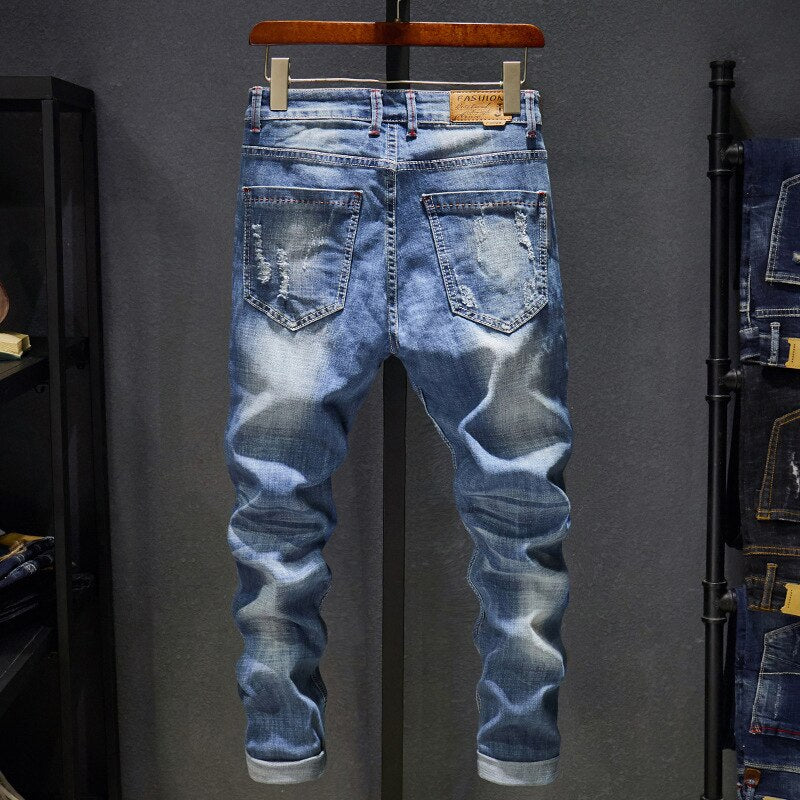 Ripped Jeans Men Slim Fit Light Blue Stretch Fashion Streetwear Frayed Hip Hop Distressed Casual Denim Jeans Pants Male Trousers