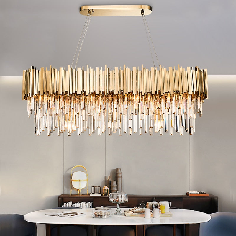 Luxury Plated Gold Metal Led Pendant Lights E14 Lustre K9 Crystal Luminarias Dining Room Straight Pendant Lamp Lighting Fixtures