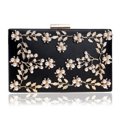 Fashion New Women Evening Clutch Bags PU Chain Shoulder Handbags Leaf Metal Beaded Evening Purse Messenger Bags