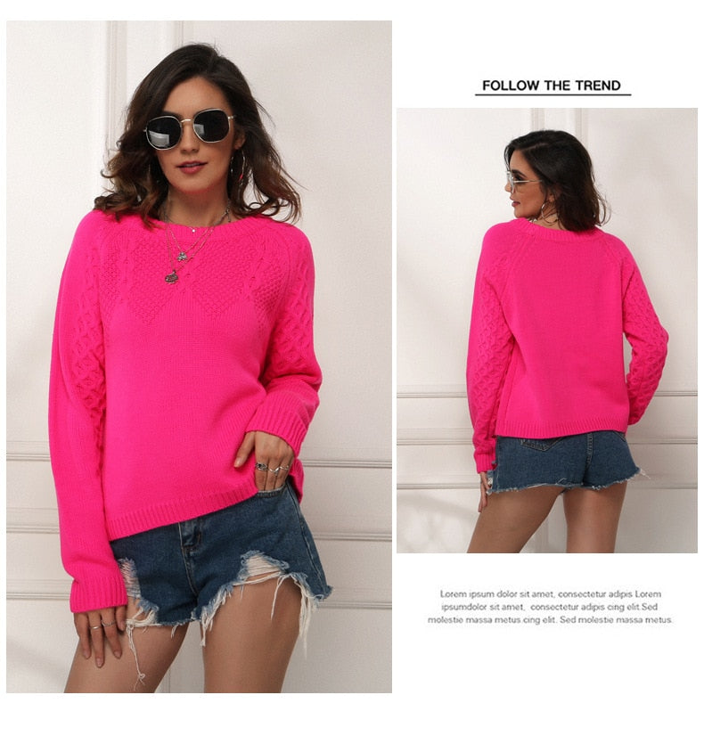 Women's Neon Sweaters Fluorescence Fuchsia Turtleneck Long Sleeve Pullovers Casual Loose O Neck Knitted Shirts Female Jumper