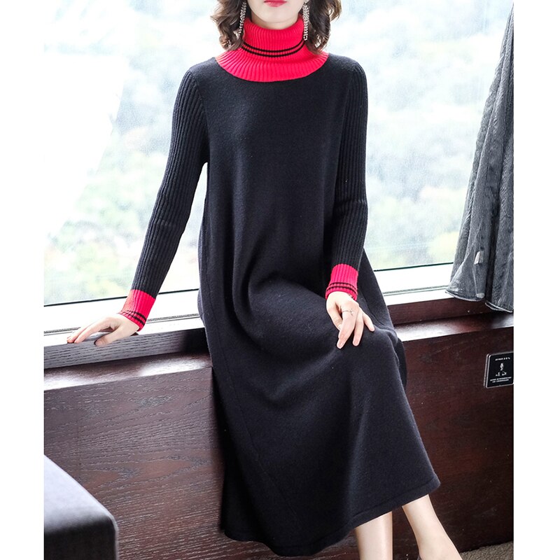 Winter Vintage Women's Turtleneck Black Sweater Dress 2021 Autumn Long Casual Knitting Maxi Dress Elegant Bodycon Party Vestidos