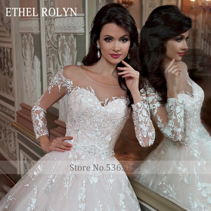 ETHEL ROLYN A-Line Wedding Dress 2021 Long Sleeve Bridal Appliques Lace Up Beaded Sashes Princess Bride Dresses Vestido De Noiva