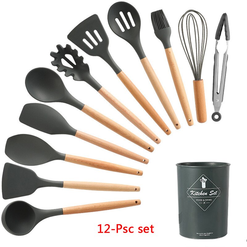 Silicone Cooking Utensils 11/12/13Pcs Kitchen Utensil Set Non-stick Spatula Wooden Handle with Storage Box Kitchen Appliances