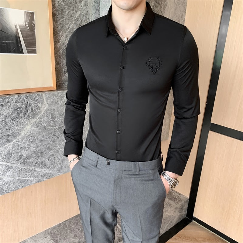 Solid Simple Mens Casual Shirt Slim Fit Business Formal Wear Deer Head Embroidery Shirt Men Brand New 2020 Long Sleeve Men Shirt