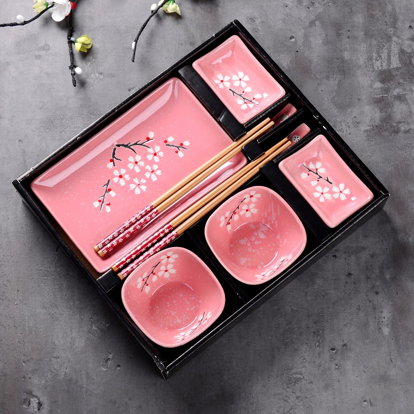 Panbado Japanese Style Pink Porcelain Sushi Set with 2*Sushi Plate,Bowl,Dip Dishes,Bamboo Chopstick,Sticks Stand Set Gift Box