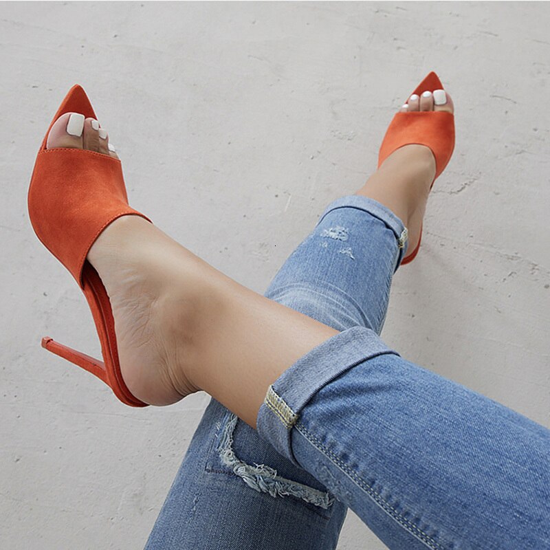 12cm High Heels Slippers and Sandals Pointed Toe High Heel Slippers Sandals Woman Shoes Candy Orange Green Nude Women Shoes