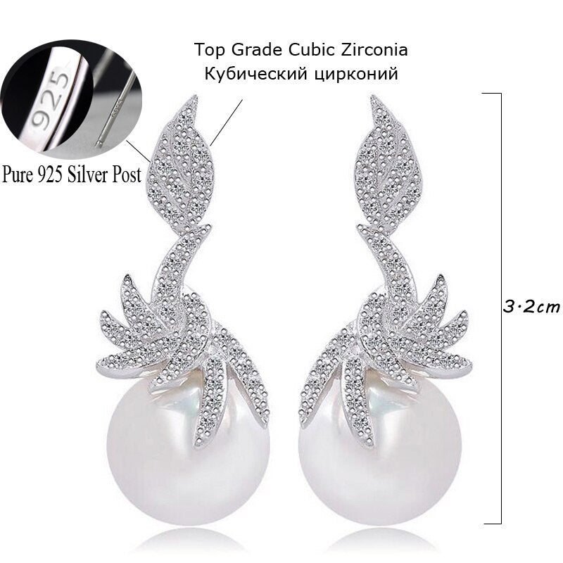 CWWZircons Gorgeous Micro Pave Cubic Zirconia Stones Silver Color Women Dangling Drop Pearl Earrings Fashion Jewelry CZ061