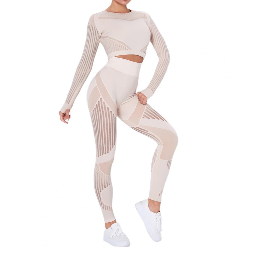 Tracksuit Women Solid Color Yoga Outfit Seamless Two Piece Striped Women Blouse Leggings Set Female Tights Women's Clothing