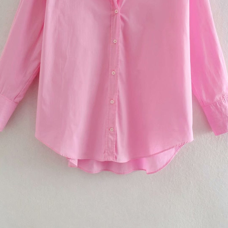 KONDALA Women Spring Shirts Za Chic Pink Solid Oversized Button Long Shirts Fashion 2021 V Neck Mujer Tops Casual Blouses