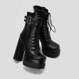 Double Platform Women Punk Boots Square Toe Super High Heel Ankle Boots Lace Up Zipper Motorcycle Boots Autumn Winter Lady Shoes