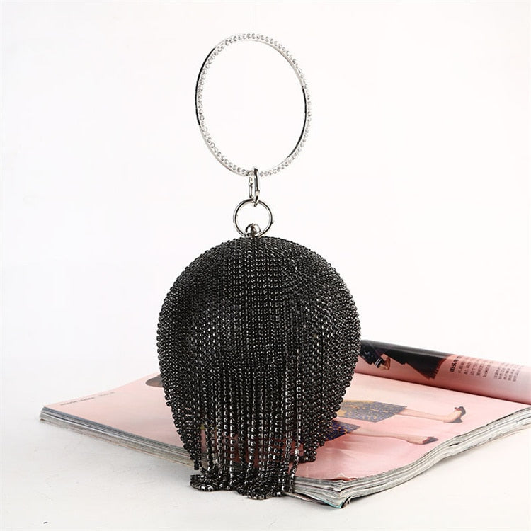 Rhinestone Evening Clutch Bag Ladies pochette Tassel Band Bracelet Party Banquet Women's Bag Gold wristband Spherical purses