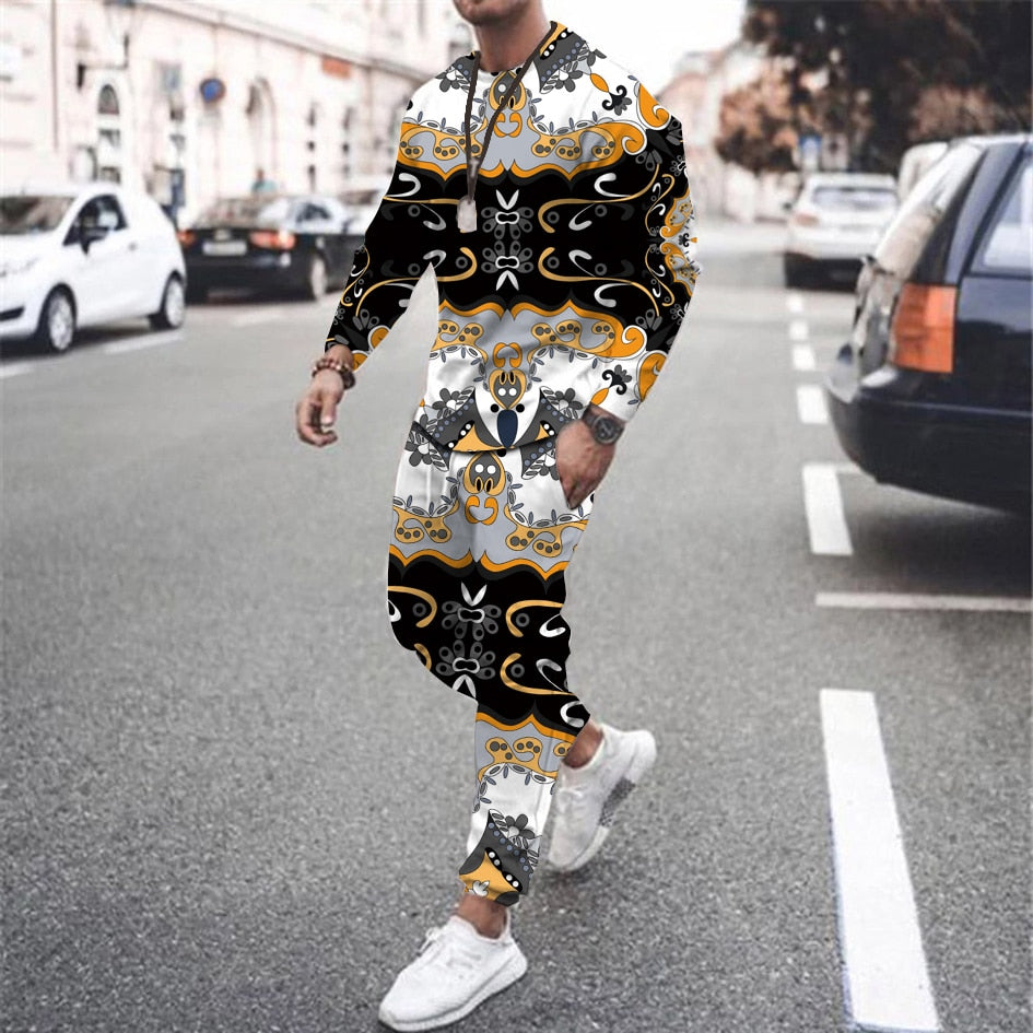 Fashion Men Long Sleeved and Trousers 2 Piece Set 3D Printed Stitching Pattern Vintage Round Neck Breathable High Quality Suit