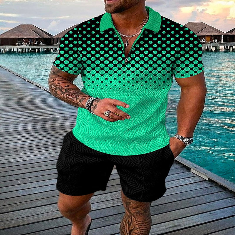 Men's Suit 3D Color Stitching Print Summer Short Sleeve Polo Shirt Shorts Suit Fashion Zipper Polo Shirt Two Piece Set New