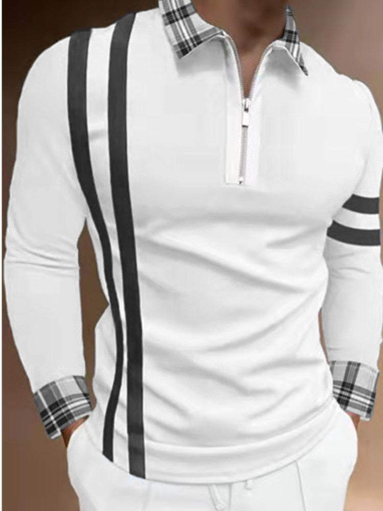 2023 New Trend Men's FashionGrid stripe Lapel Shirt Long Sleeve Men's Stitching Casual Sport T-shirt Tops US S-3XL