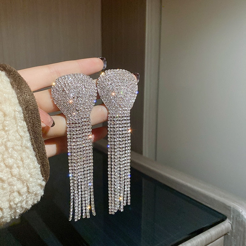 Europe And America New Exaggerated Full Rhinestone Tassel Earrings For Women Party Wedding Statement Jewelry Long Earings Gifts