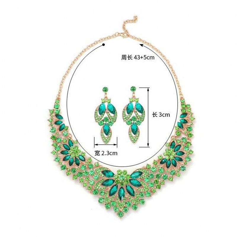 Luxury Exquisite Green Crystal Leaf Dubai Jewelry Sets For Women Wedding Party Jewelry Accessories Stud Earrings & Necklace Gift