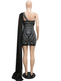Kricesseen Chic Sexy Black Rhinestone Crystal Bodycon Dress Glam Women One Shoulder Bat Sleeve Mini Dress Clubwear Outfits