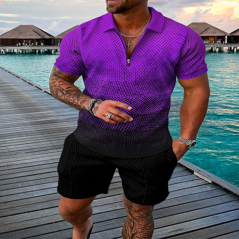 Men's Suit 3D Color Stitching Print Summer Short Sleeve Polo Shirt Shorts Suit Fashion Zipper Polo Shirt Two Piece Set New