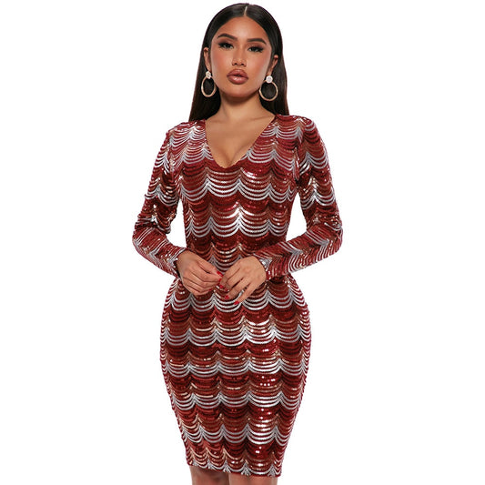 Felyn 2022 Best Quality Fashion Design Dress Solid Wave Sequins V-neck Long Sleeve Sexy Party Midi Dress Vestidos